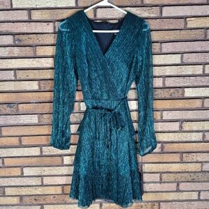 NWT Rachel Zoe Small Metallic Shiny Green Long Sleeve Party Dress
